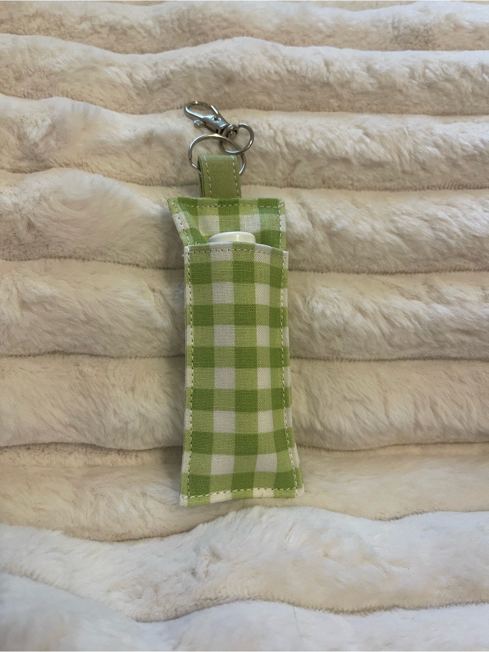 Green Check Fabric Keychain Lip Balm Holder